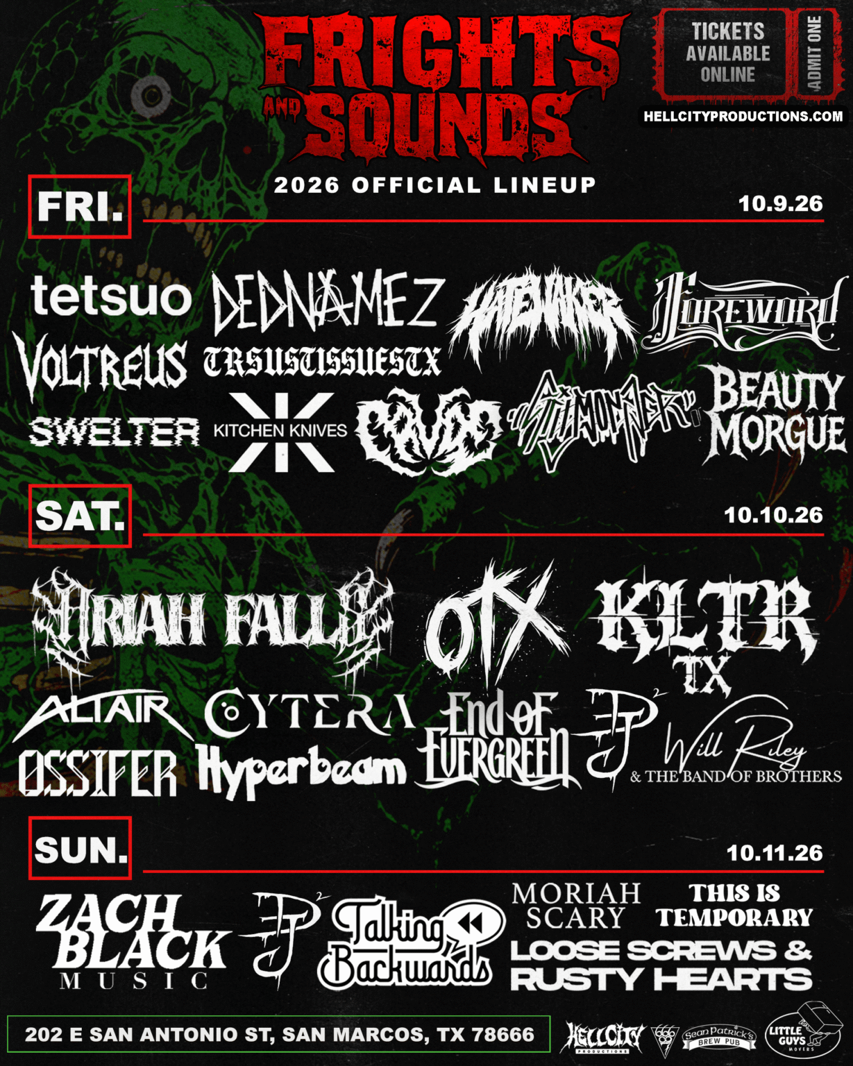 Fright Sounds 2020 lineup graphic showcasing participating artists with a Halloween-themed background. October 9th, 10th, and 11th at Sean Patrick's Irish Pub in San Marcos, TX.